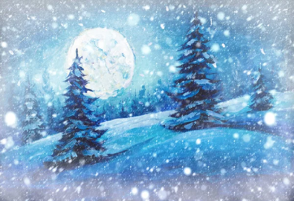 Winter snow background. Blurred snowflakes on Christmas fir pine trees in night forest wood with big moon Original oil painting, contemporary style, made on stretched canvas with palette knife and brush.