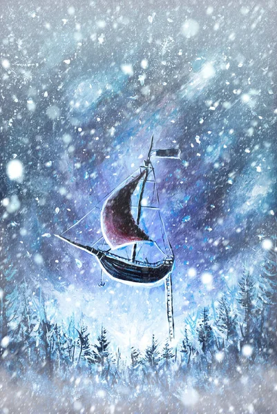 Winter snow background. Blurred snowflakes on Original oil painting Flying an old pirate ship. Beautiful Sea ship is flying above starry sky - abstract fairy tale, dream. Peter Pan. Illustration. Postcard painting.