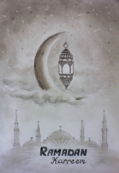 Pencil sketch hand drawing Ramadan kareem greeting template islamic crescent and arabic lantern in clouds painting illustration artwork on paper art