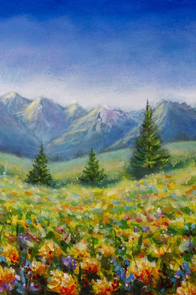 Original oil painting on canvas. Flower meadow in the mountains illustration - a beautiful flowers field landscape. Modern artwork art.