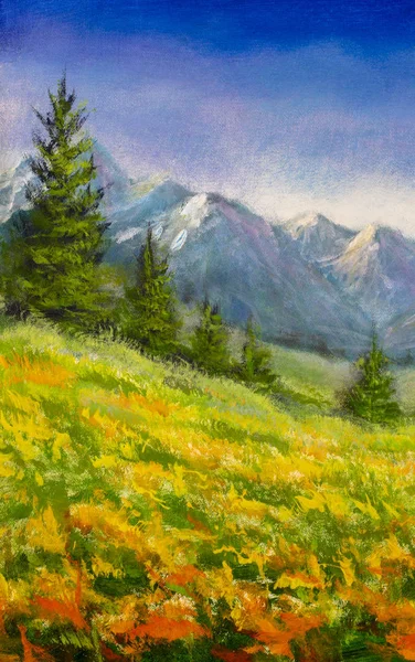 Original oil painting on canvas. Flower meadow in the mountains illustration - a beautiful flowers field landscape. Modern artwork art.