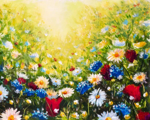 Original oil painting of flowers,beautiful field flowers on canvas. Modern Impressionism.Impasto artwork.