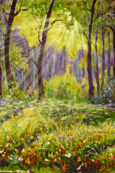 Beautiful forest in spring with bright sun shining through the trees Oil painting. Art print for wall decor. Acrylic artwork. Big size poster. Watercolor drawing. Modern style fine art.