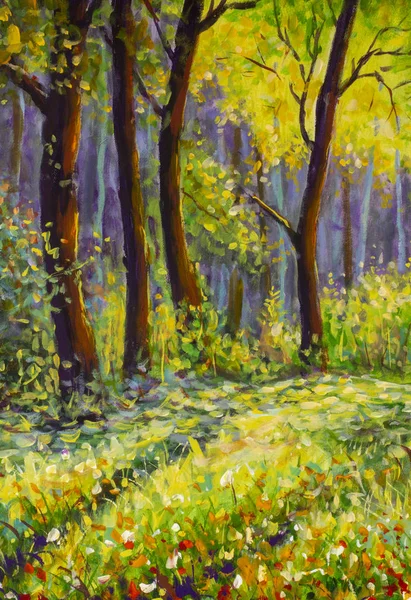 Beautiful forest in spring with bright sun shining through the trees Oil painting. Art print for wall decor. Acrylic artwork. Big size poster. Watercolor drawing. Modern style fine art.