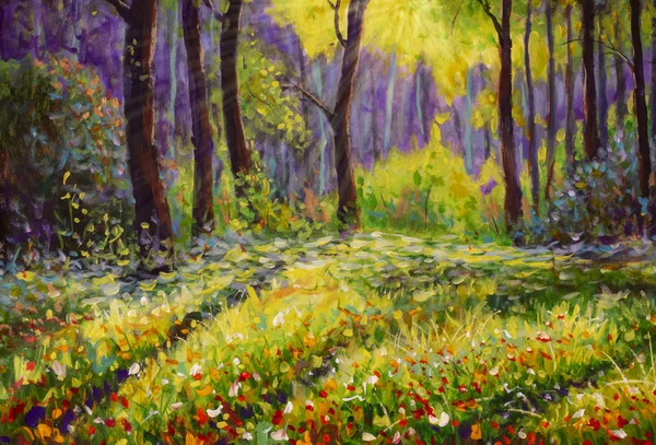 Fresh spring in the green forest Original oil painting on canvas. Modern art.