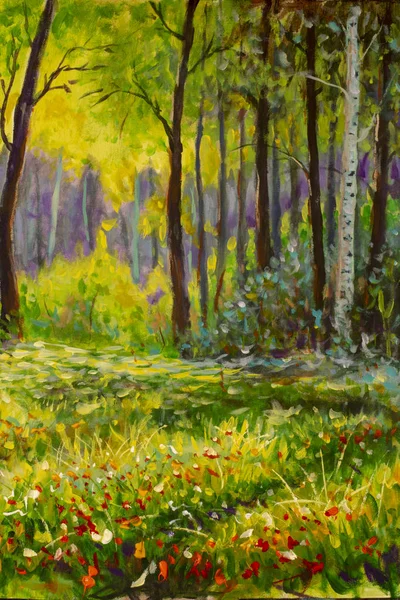 Fresh spring in the green forest Original oil painting on canvas. Modern art.