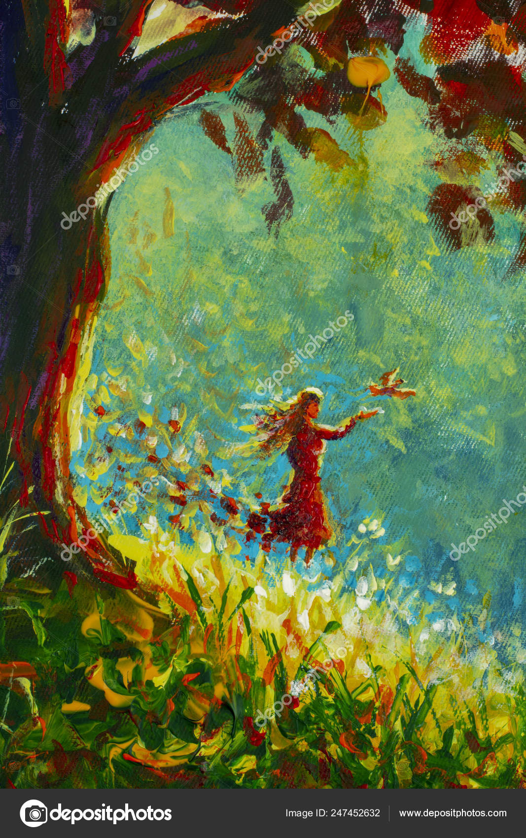 Original Oil Painting Symbol Beauty Nature Girl Woman Red Dress ...