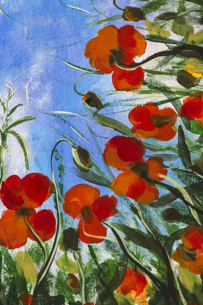 Beautiful red poppies flowers on background of blue sky art - hand pain acrylic painting on canvas. Flower landscape artwork