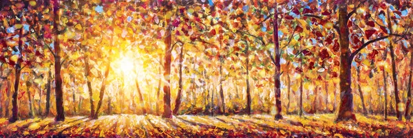 Autumn panorama. Original oil painting on canvas art. Sunny autumn forest trees. Modern impressionism. Autumn gold yellow orange red trees park in sun light landscape artwork acrylic painting