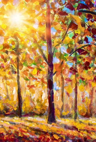 Original oil painting on canvas art. Sunny autumn forest trees. Modern impressionism. Autumn gold yellow orange red trees park in sun light landscape artwork acrylic painting