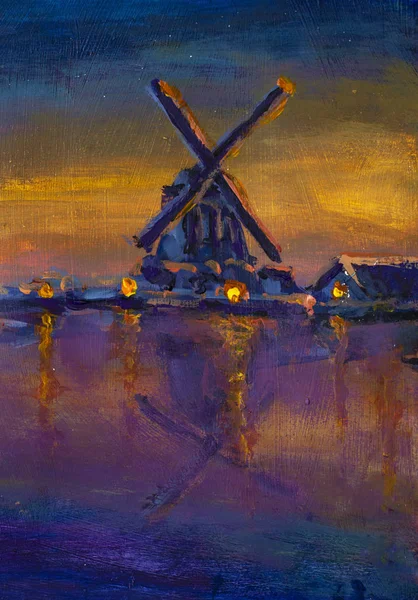 Handpainted acrylic painting dawn over Windmill river farmland landscape. Holland oil windmill river illustration. Old Windmill river farm view. WIndmill at river