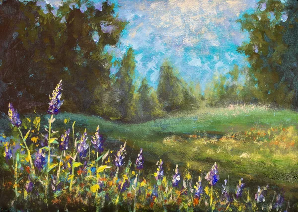 Beautiful nature. Flower landscape: purple flowers on a green field against the background of the forest. Oil painting.