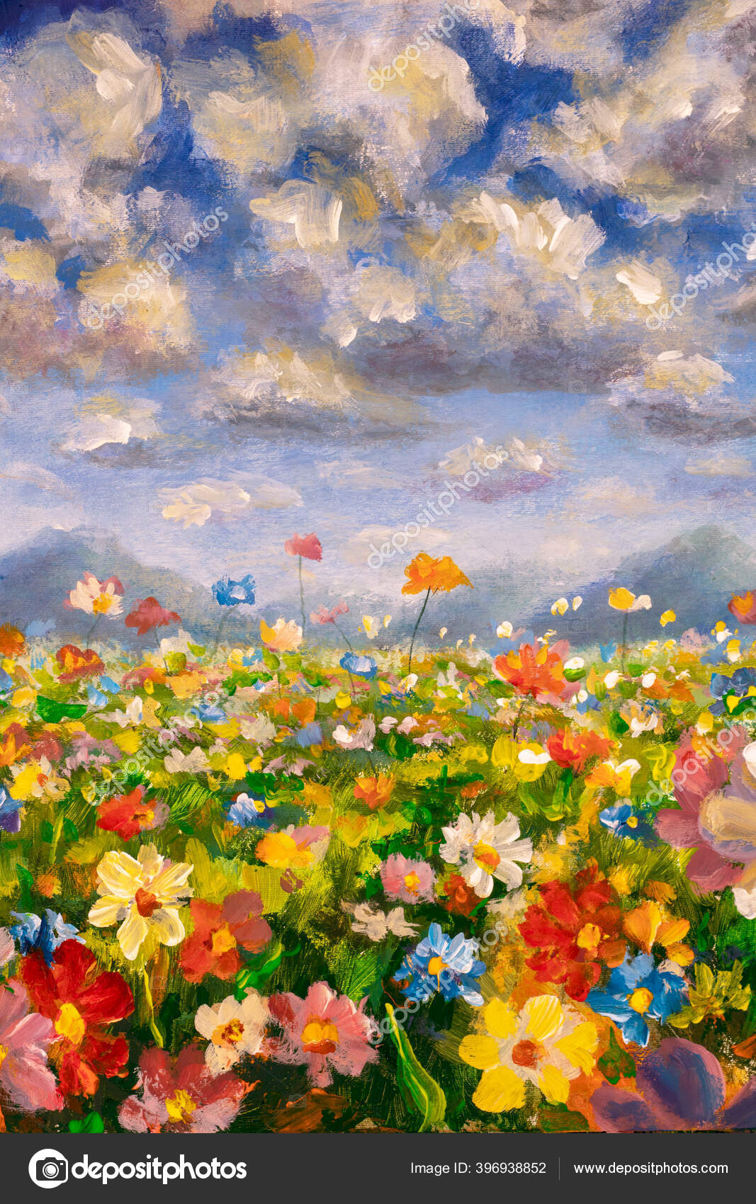垂直油絵 印象派スタイル まだ雲と絵のキャンバス アーティスト 絵画の花 ストック写真 C Weris7554