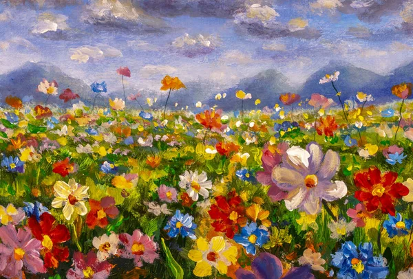 Flowers painting, flower field in the mountains, oil paintings landscape impressionism artwork