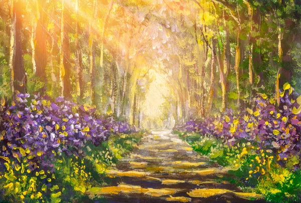 Oil painting forest landscape, beautiful solar road in the woods on canvas. Sunny summer in alley park forest fine art modern.