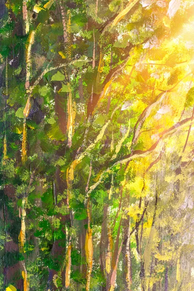 Vertical oil painting sun forest park landscape, beautiful solar trees and flower in woods on canvas. Sunny spring summer forest.