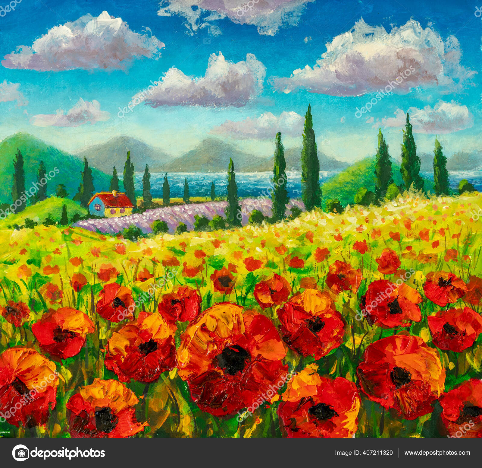Painting Farm House Field Red Flowers Poppies Mountains Cypresses Summer Stock Photo Image By C Weris7554 Painting Farm House Field Red Flowers Poppies Mountains Cypresses Summer Stock Photo Image By C Weris7554