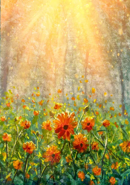 Vertical Cosmos flowers under sunlight in the field in forest - beautiful flowers oil acrylic hand painting