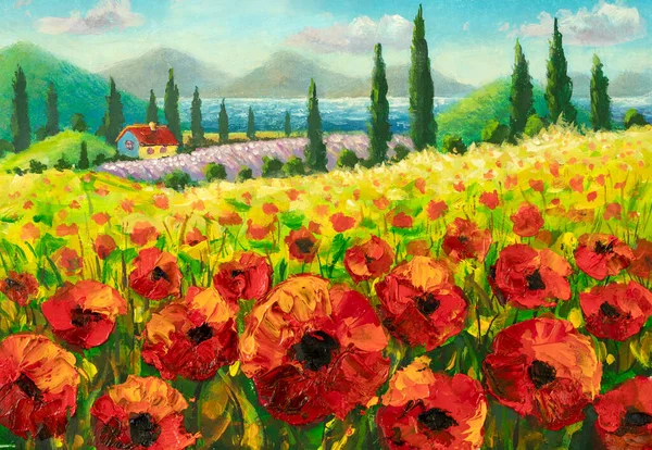 Original oil painting of flowers,beautiful field flowers in Tuscany, Italy on canvas. Modern Impressionism.Impasto artwork