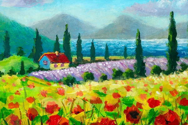 Oil painting Rural landscape with red flowers fields and country house in mountains by sea