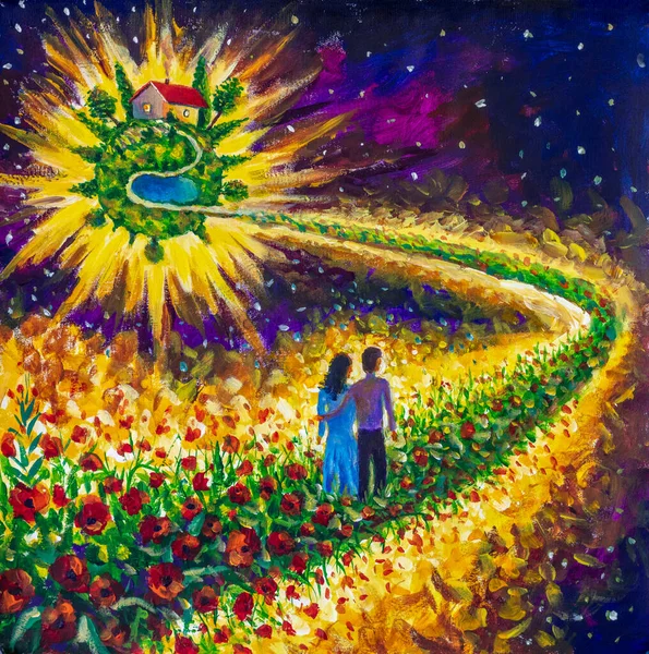 Couple in love walk flower road in cosmos to their dream - small cozy green planet with village house. fantastic oil painting, fantasy concept art