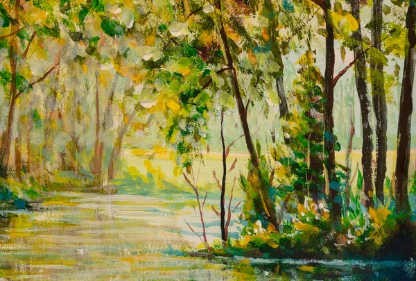 River in a sunny autumn forest.Picture illustration created with watercolors, oil paint