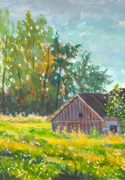 Acrylic oil painting old barn farm house, beautiful spring summer landscape - rural village landscape illustration