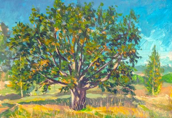 Acrylic oil painting big old oak tree, beautiful spring autumn landscape in watercolor - countryside landscape nature illustration on canvas
