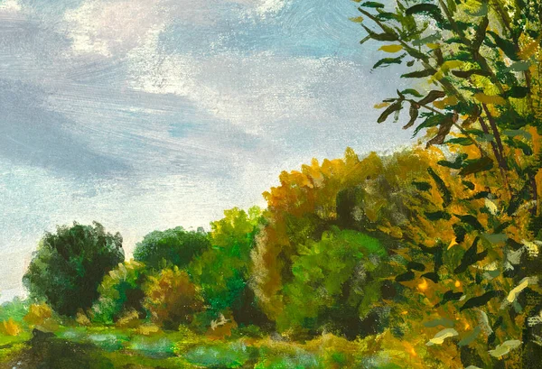 oil painting landscape - green orange autumn tree forest and blue sky nature illustration artwork