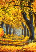 Картина, постер, плакат, фотообои "vertical autumn oil painting big old trees oak in autumn park forest modern autumn illustration on canvas", артикул 417403082