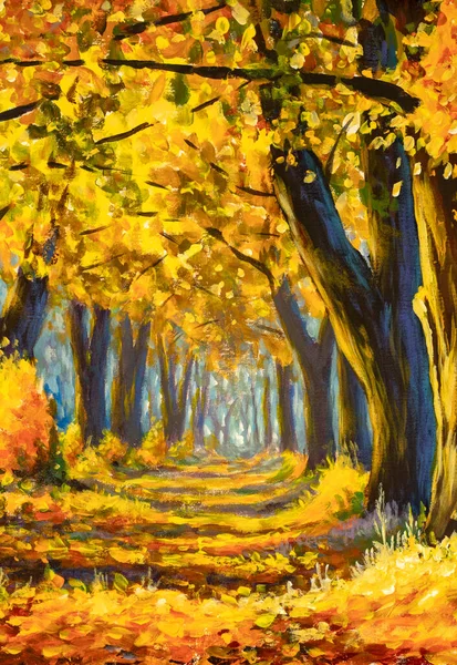 Vertical autumn oil painting big old trees oak in autumn park forest modern autumn illustration on canvas