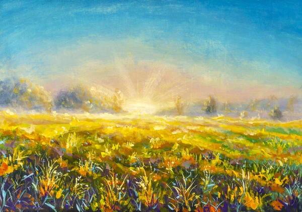 Original oil painting first rays of sun on foggy sunny field flower rural landscape painting on canvas. Impasto artwork. Impressionism art