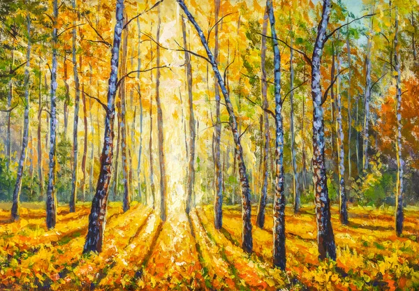 Sunny autumn landscape painting: Park alley surrounded with yellow and green birch trees and fallen leaves. Warm sunny autumn day illustration.