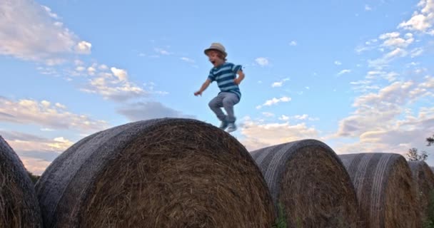 Riprese Panoramiche Bambini Che Saltano Fienili Bellissimo Campo Verde Sera — Video Stock