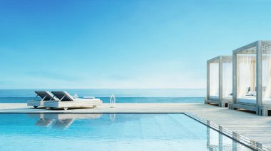 Beach lounge - okyanus villada tatil ve yaz Sea view / 3d iç render