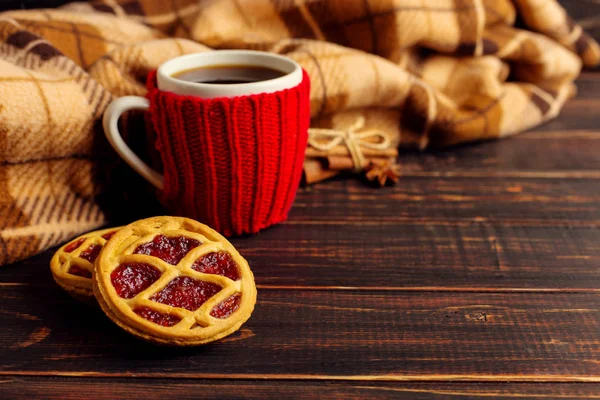 A cup of hot coffee, in a knitted cover and homemade cookies and spices, lie on a wooden table near the checkered plaid. Copy space.