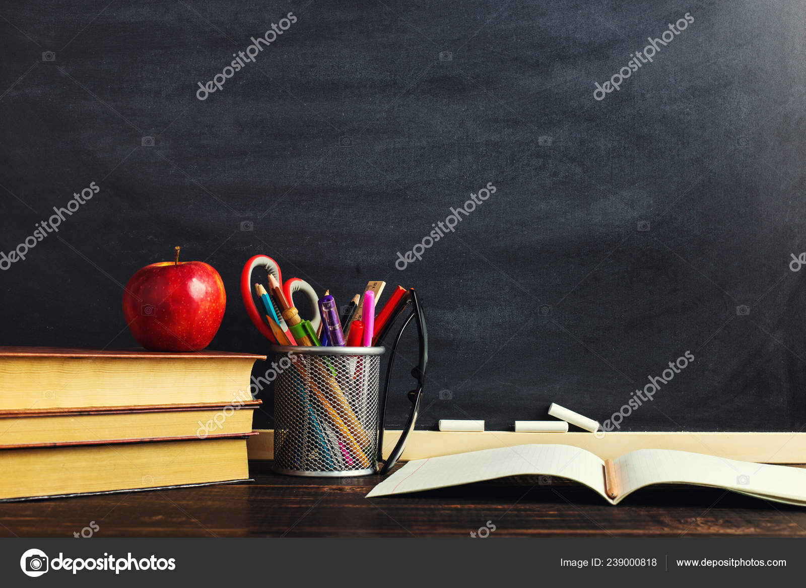 School supplies with blank writing book Stock Photo by