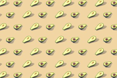 Birçok Yarım avokado, desen, banner. İşlenecek parçanın parlak arka plan, pastel sarı renk.