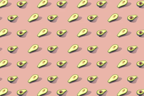 Many halves of avocado, pattern, banner. Harvesting bright background, orange pink pastel color.