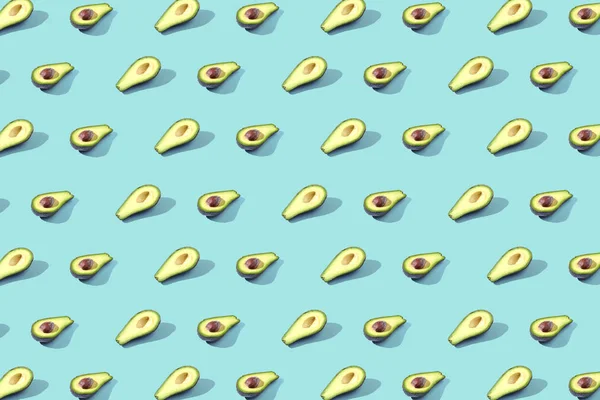 Many Halves Avocado Pattern Banner Harvesting Bright Background Blue Violet — Stock Photo, Image