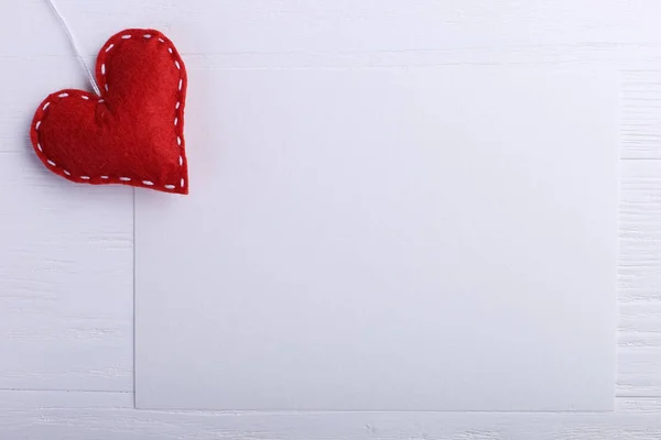 Handmade Red Felt Heart Next White Paper Wooden Table Concept — Stock Photo, Image
