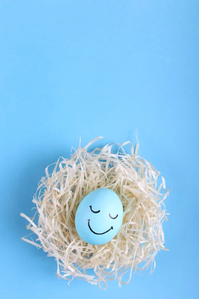 Blue Egg Painted Smiles Nest Copy Space Happy Easter Concept — Stock Photo, Image