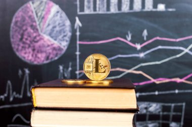 Bir kara tahta arka planı masada kitaplar çizilmiş grafik ve desenler büyümenin ve Kripto düşüş vardır. İş Eğitim Okulu cryptocurrency.