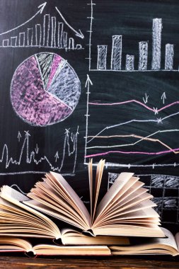 Tablo arka planı olan bir kara tahta kitap çizilmiş grafikler ve büyüme ve düşüş vardır. İş Eğitim Okulu.