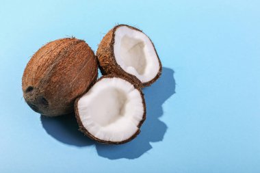 Mavi arka plan, üstten görünüm üzerinde Hindistan cevizi. Tropikal yaz kavramı, kopya alanı.