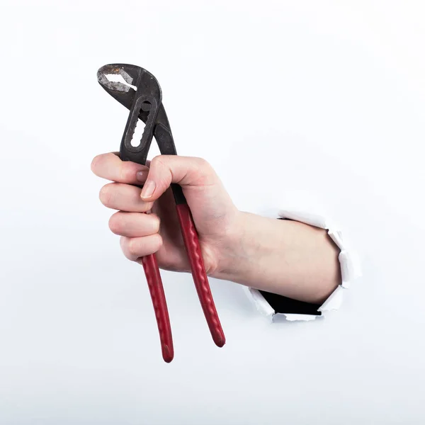 Female hand out of a hole in paper, holds a universal wrench. Isolate on white background.