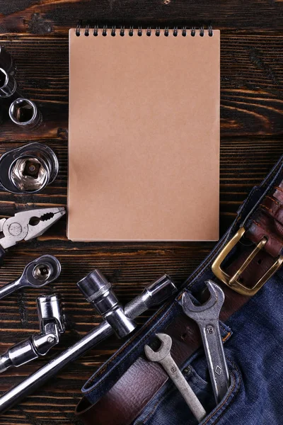 Tools laid out on a table, organized workspace concept to Labor Day, copy space. — Stock Photo, Image