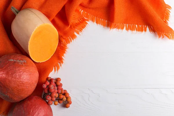 Chal cálido naranja brillante, calabazas y bayas sobre un fondo blanco, estado de ánimo de otoño, espacio para copiar . — Foto de Stock