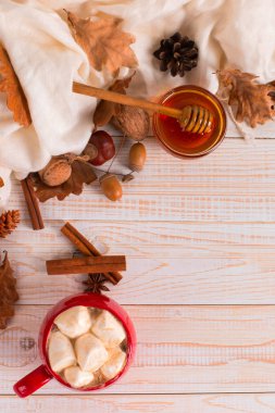 Bir eşarp arka plan üzerinde kakao ve marshmallow ile kırmızı kupa 