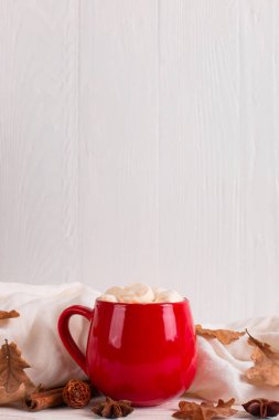 Bir eşarp arka plan üzerinde kakao ve marshmallow ile kırmızı kupa 